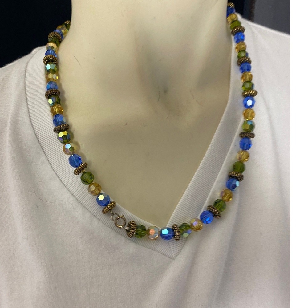 Faceted‎ Bead Necklace Blue Green Yellow Silver Tone Spacers